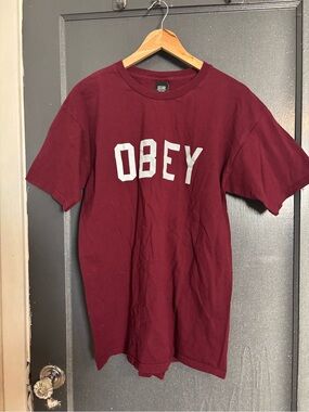 Obey Men's Maroon Logo Short Sleeve Tee